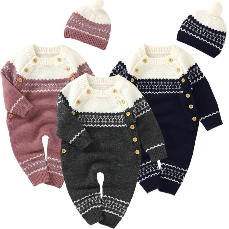 2022 Baby Rompers Knitted Print Pattern Newborn Boy Girl Jumpsuits Cap Outfit Set Autumn Winter Toddler Infant Overall Clothes