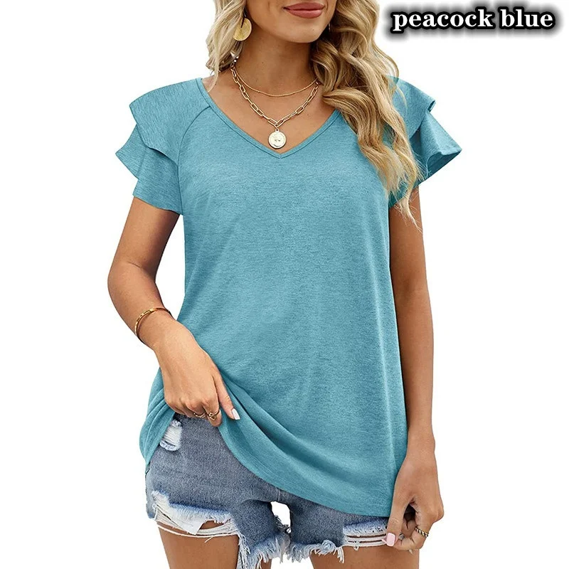 

Spring Summer Ladies Casual Tops Short Sleeved T-shirt Solid Color V-neck Blouses Loose Shirts 2023 Fashion Womens Clothing