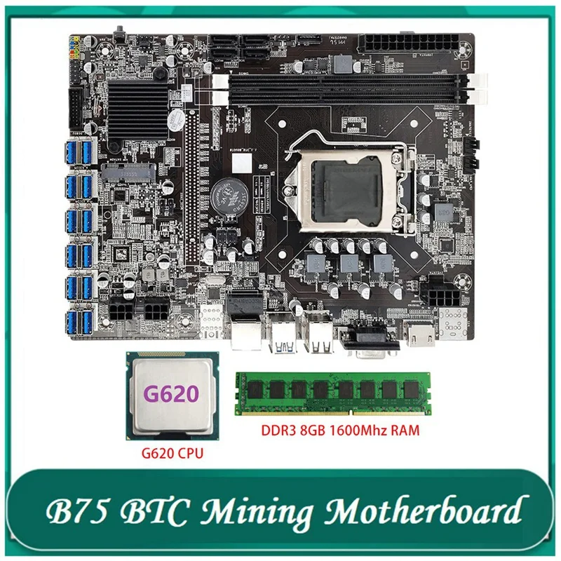 

Материнская плата B75 ETH для майнинга, материнская плата 12 PCIE на USB LGA1155 с процессором G620 + DDR3 8 Гб 1600 МГц ОЗУ B75 USB BTC для майнинга