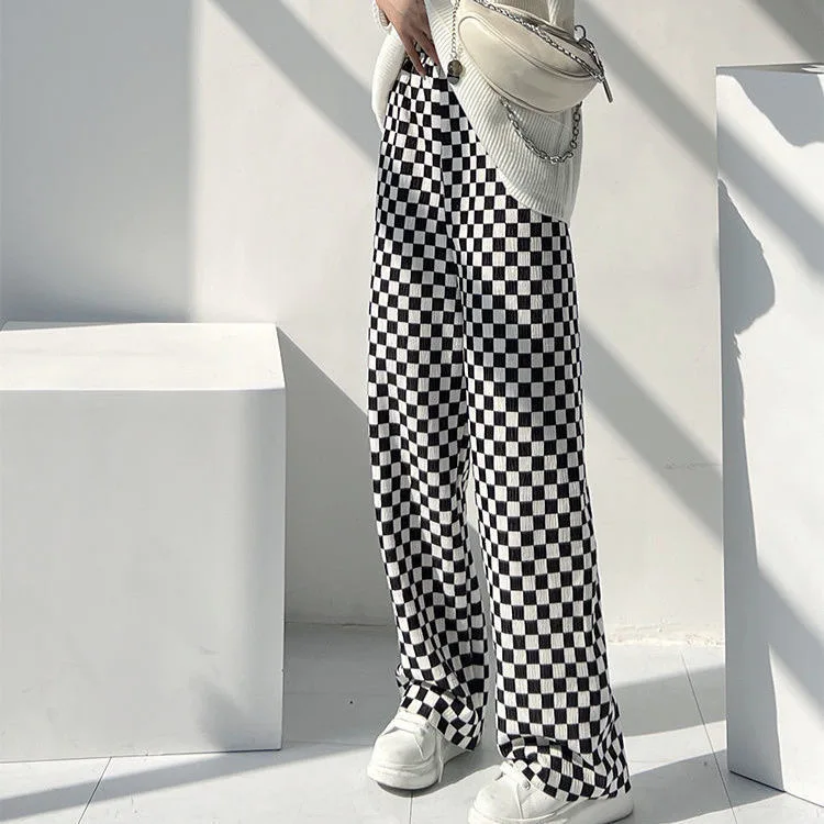 

Oversize 4XL Plaid Pants Women Casual Loose Wide Leg Trousers Ins Retro Teens Straight Trousers Hip-hop Unisex Streetwear