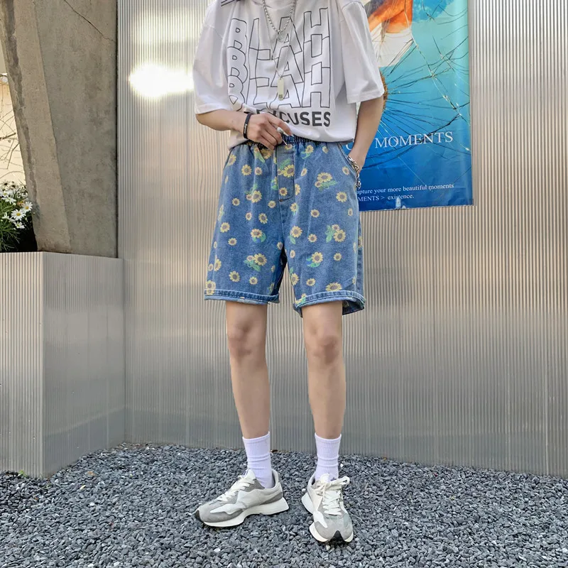 

2022 Summer New Fashion Print Denim Shorts Men All-match Straight Shorts Loose Casual Wide-leg Pants Boutique Clothing