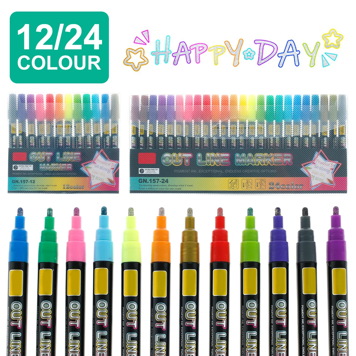 

12/24 Colors Metallic with 2-color Effect Outline Marker DIY Photo Album Paint Marker Pen with Color Outline Shimmer Marker Set