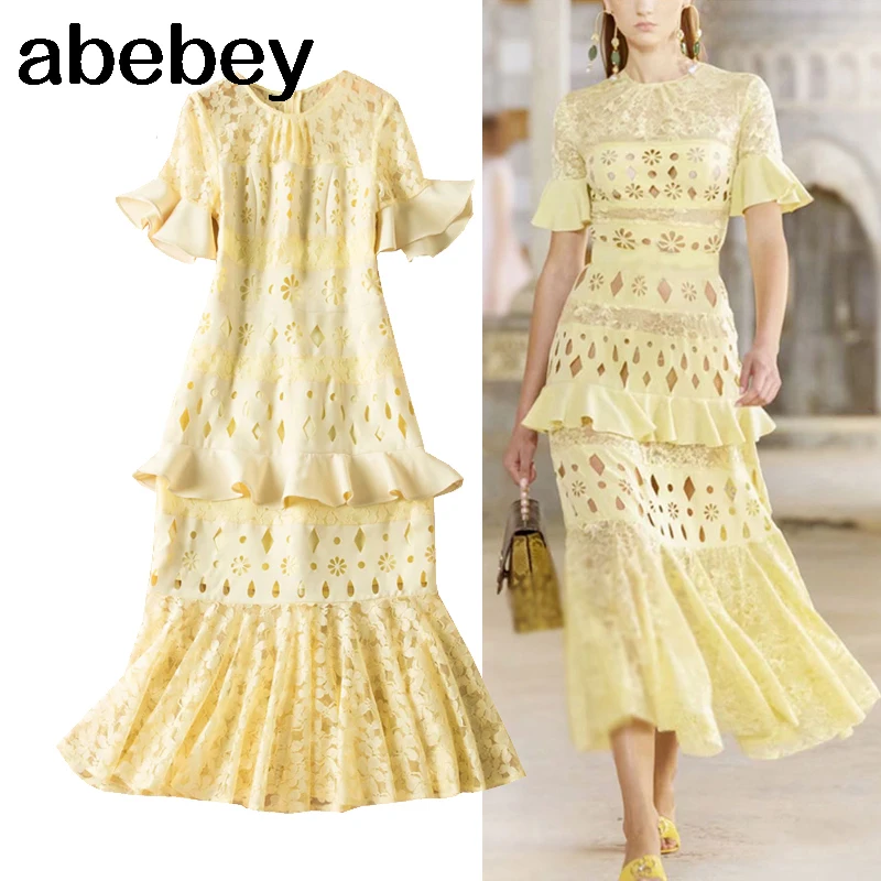 

Женское кружевное платье-русалка, подиумное винтажное Элегантное Длинное платье средней длины с цветочным кружевом, ажурное вечернее плат...