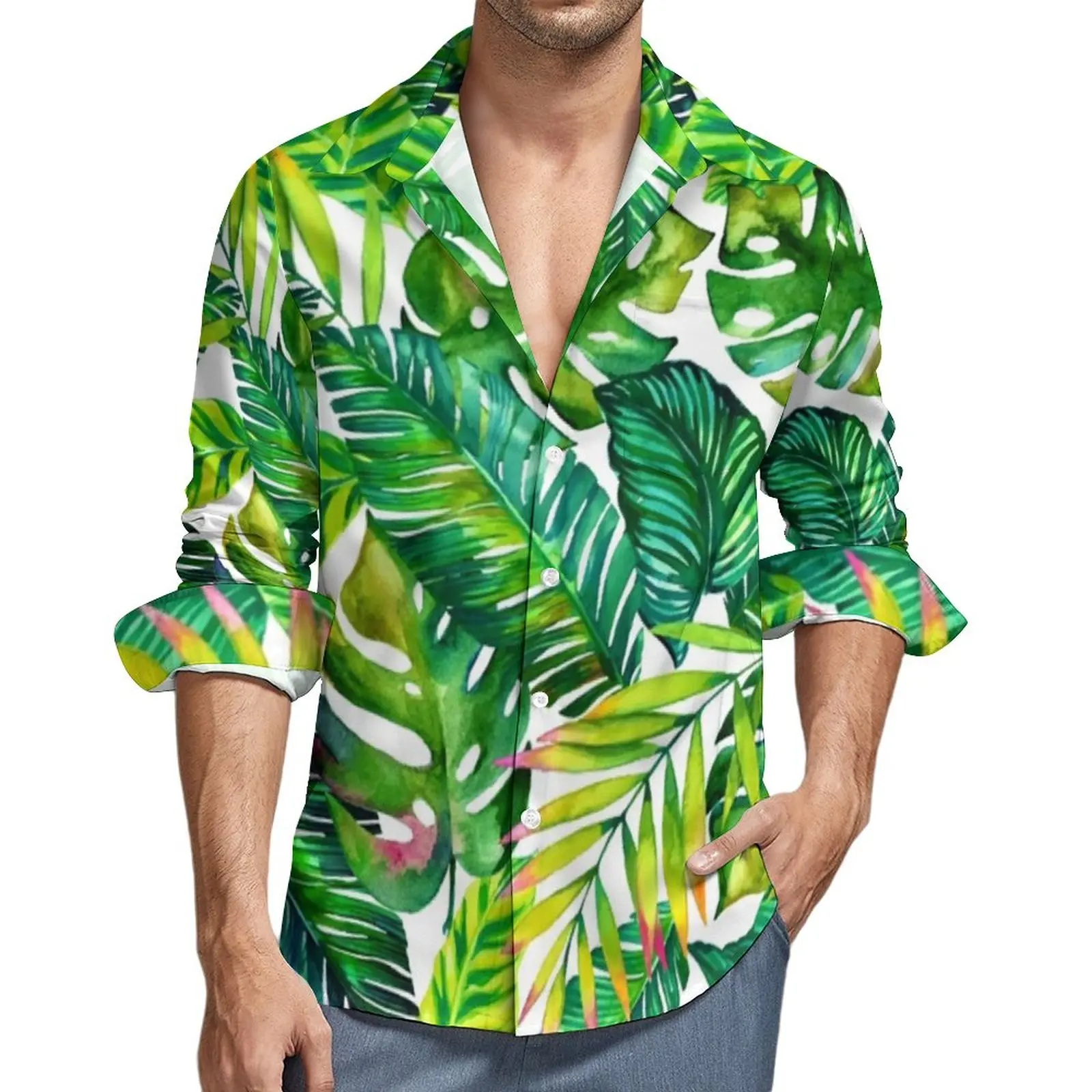 

Рубашка оверсайз с тропическим принтом, Повседневная Блузка с длинным рукавом, с рисунком банановых листьев, в уличном стиле, винтажная осенняя одежда