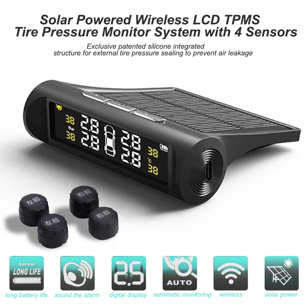 

VODOOL AN001 Solar Wireless Car TPMS Tire Pressure Monitoring System Tyre Pressure Temperature Alarm LCD Display With 4 Sensors