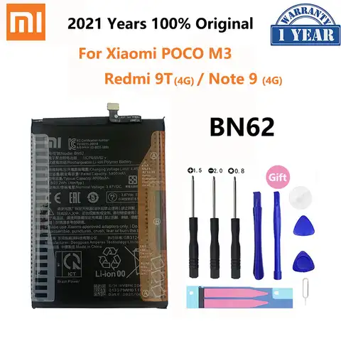 100% Оригинальный аккумулятор Xiao mi BN62 6000 мАч для телефона Xiaomi POCO M3 Redmi Note 9 4G 9T, сменные батареи, батарея