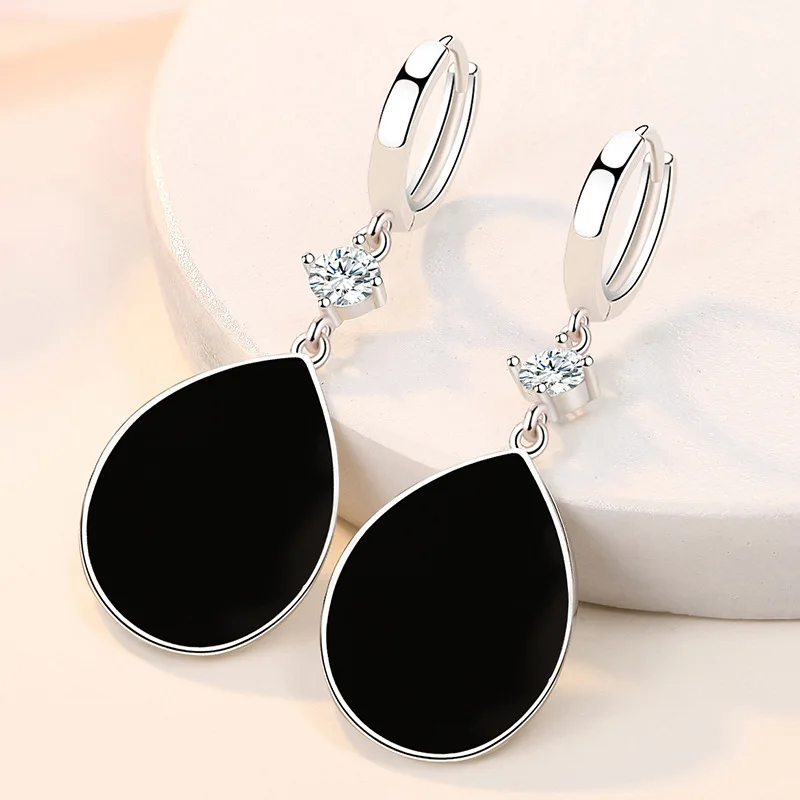 

KOFSAC Personality Black Water Droplets Hoop Earrings For Women Luxury 925 Sterling Silver Jewelry Lady Party Accessories