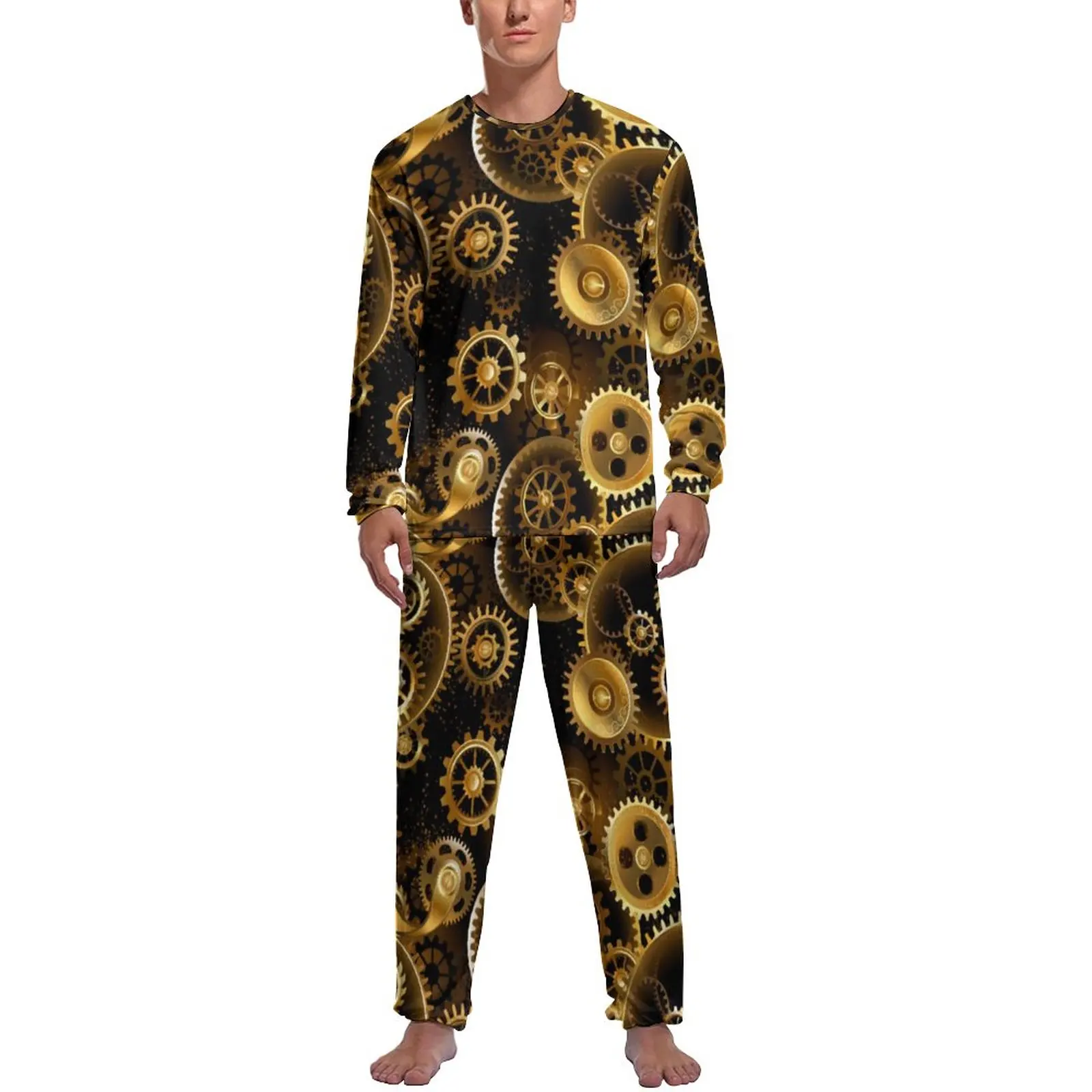 Retro Steampunk Pajamas Man Brass Gears Print Lovely Nightwear Spring Long-Sleeve 2 Pieces Casual Custom Pajama Sets