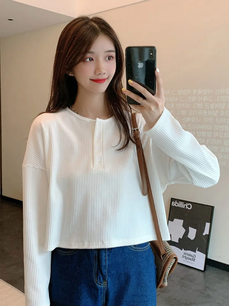 

Лидер продаж 2023, футболки с длинным рукавом, Женские Элегантные Простые однотонные дизайнерские ретро-футболки на пуговицах, женские подходящие ко всему футболки в стиле бойфренд, M