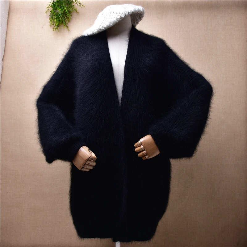 

ladies women fashion black hairy plush mink cashmere knitted long batwing sleeves loose cardigan mantle angora fur coat sweater