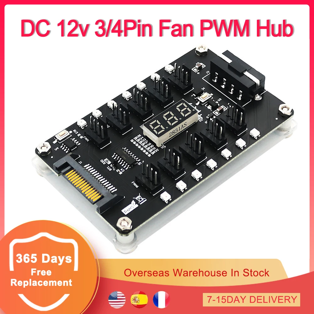 

DC 12v 3/4Pin Fan PWM Hub Cooler Dual Interface 10 Port Controller Color Flash LED Temperature Sensor Display Splitter Fan Hub