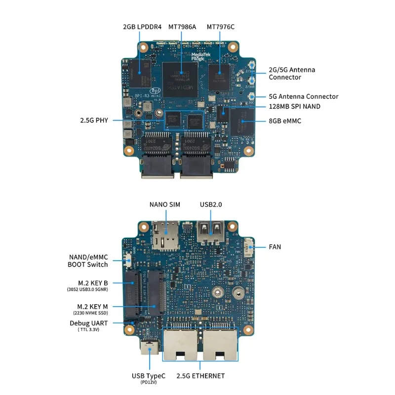 Мини-роутер Banana Pi BPI-R3 Wi-Fi6 2.4G5G MT7976C, 2 ГБ ОЗУ, 8 ГБ eMMC, 2 порта 2.5GbE Ethernet, беспроводной маршрутизатор MediaTek MT7986 (art.: 3920da60666fe) - 3920da60666fe