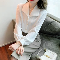 solid office ladies button leisure blouses loose white ruffle turn down neck women tops full sleeves office ladies female blouse