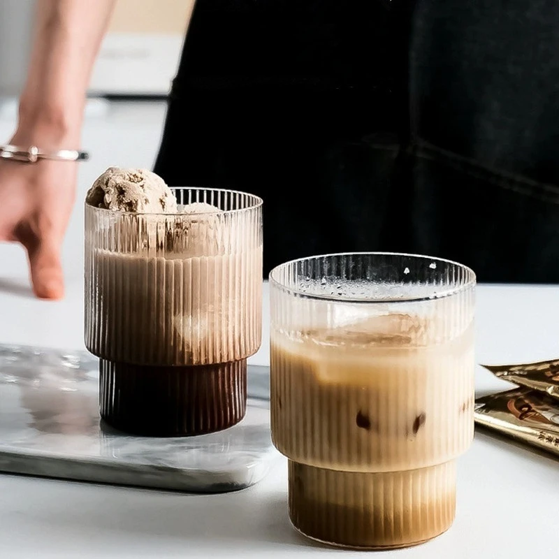 

2pcs Vertical Stripe Coffee Mug Heat-Resistant Glass Water Cups Transparent Tea Mug Cup for Drinking Milk Beertea Juice