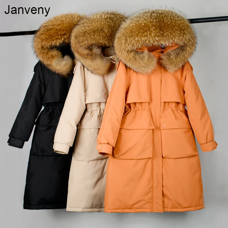 

Janveny Large Natural Raccoon Fur Hooded Long Down Coat Women Winter 90% Duck Down Parkas Female Thickness Sash Tie Up Jackets