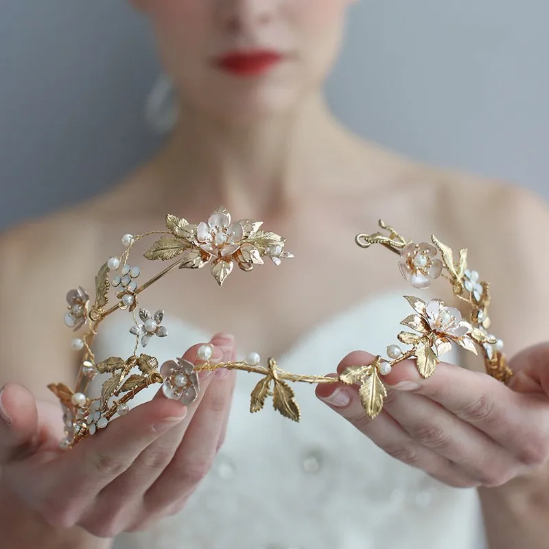 Gold Farbe Blatt Floral Hochzeit Tiara Haar Crown Strass Zubehör Handgemachte Braut Stirnband Frauen Party Kopfstück