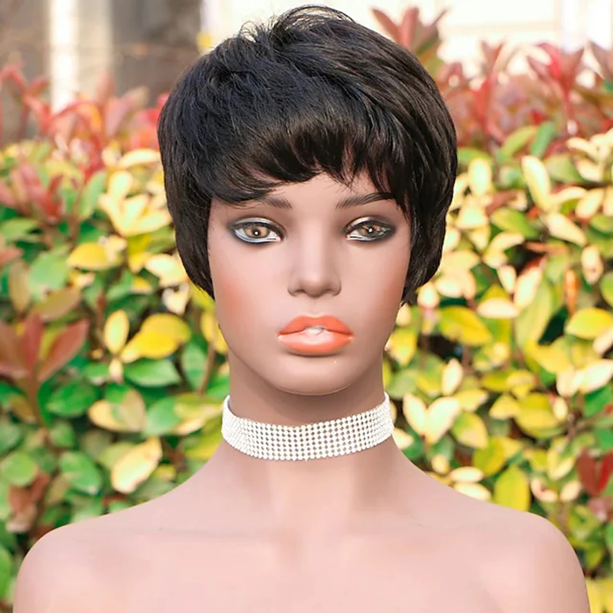 

Pixie Cut Wig with Bangs Short Human Hair Wigs For Black Woman Full Machine Made Natural Black Wig