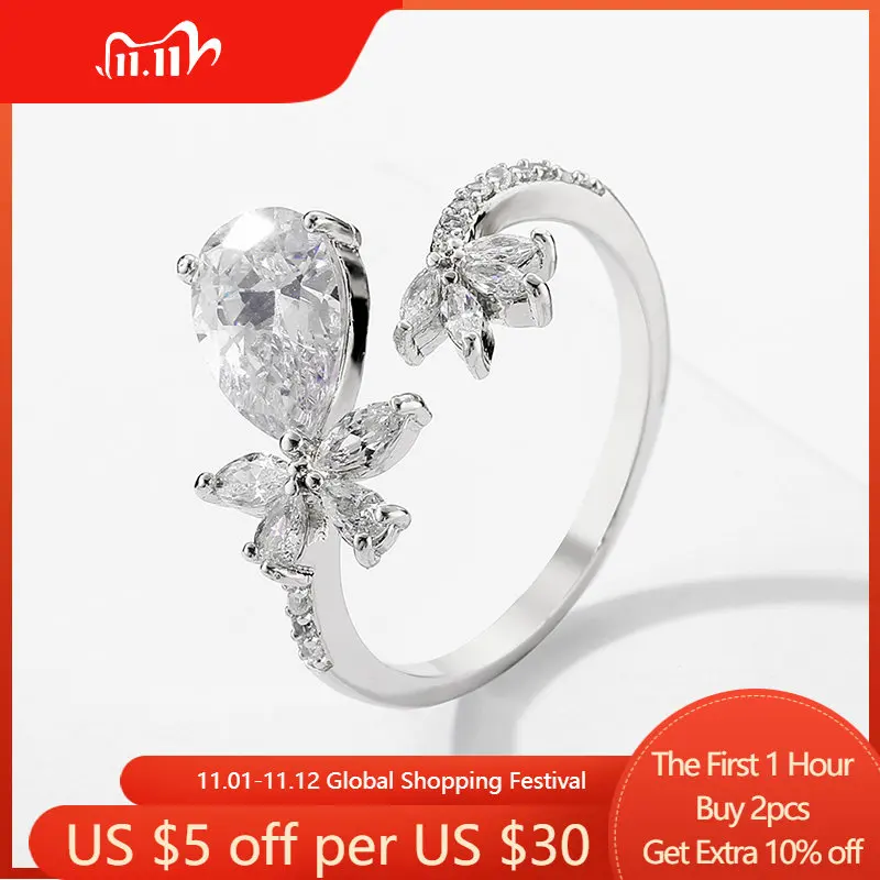 

Cute Female Crystal Stone Rings for Women Charm Silver Color Thin Wedding Rings Dainty Bride Flower Zircon Engagement Jewelry