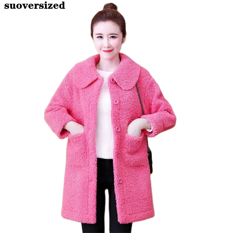 

Winter Thick Mid-length Lamb Wool Fur Teddy Coat Women Loose Plush Warm Jacket Woolen Overcoat Furry Snow Wear Korean Outwear