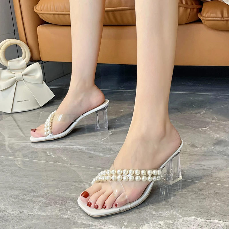 

Women Slippers Pearl Transparent Upper Wedding Shoes 2022 Summer Clear Square Heels Designer Sandals Size 43 zapatillas de mujer