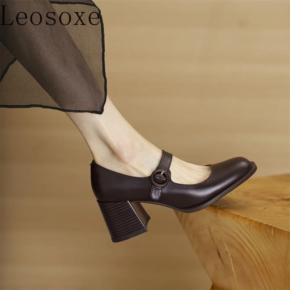 Woman High Heel Shoes Square Heels Round Toe Mary Janes Pumps Buckle Strap Black Brown Handmade Elegant Lady Shoes 2022 New