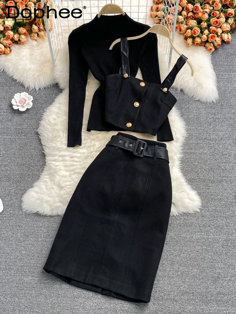 

Short Suspender Vest For Women To Wear Three Piece Stand Collar Knit Top Medium Long High Waist Wrap Hip Skirt 2022