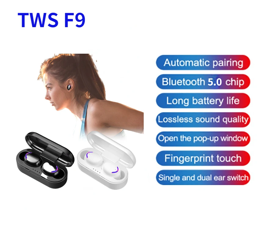 

F9 TWS Bluetooth 5.0 Earphones Wireless Headphones Stereo Mini Headset Sport Earbuds Microphone With Mic Charging Box Earpieces