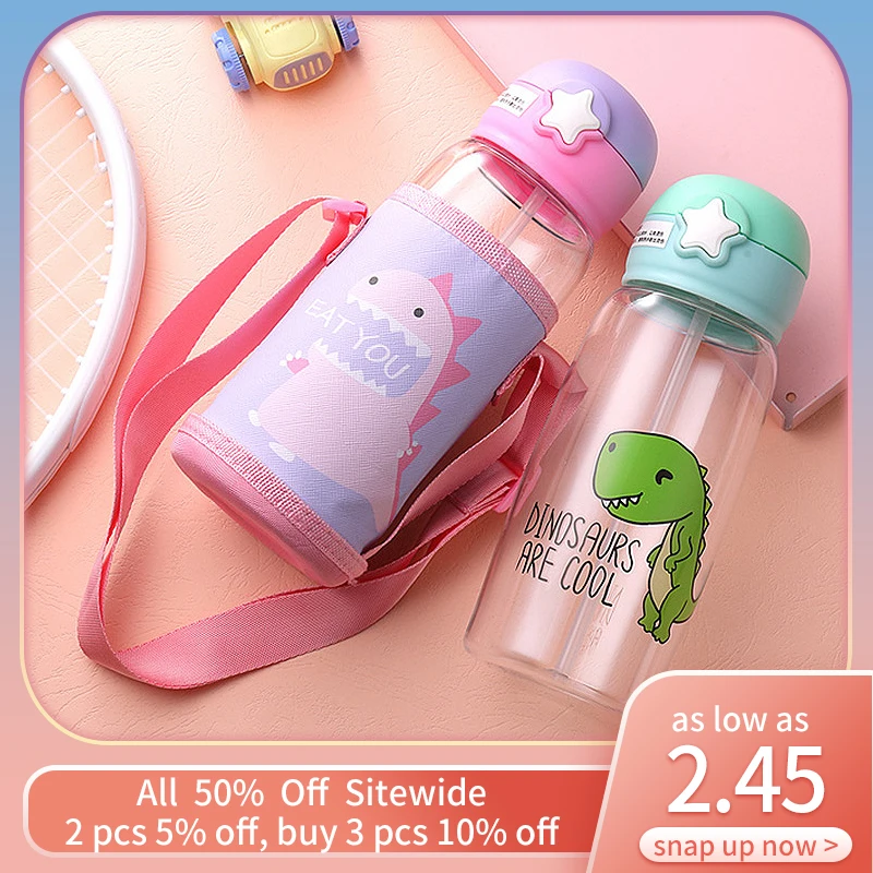 

700ML Dinosaur Cartoon Kids Sippy Cup With Bottle Cover & Rope Kindergarten Anti-fall Strap Straw Cups Drinking Bounce Kettle