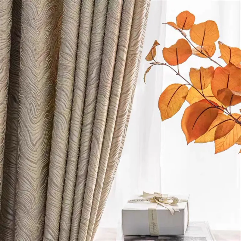 

French Light Luxury High Precision Blackout Curtains Beige Coffee Striped Embroidered Jacquard Curtain For Living Room Bedroom 5