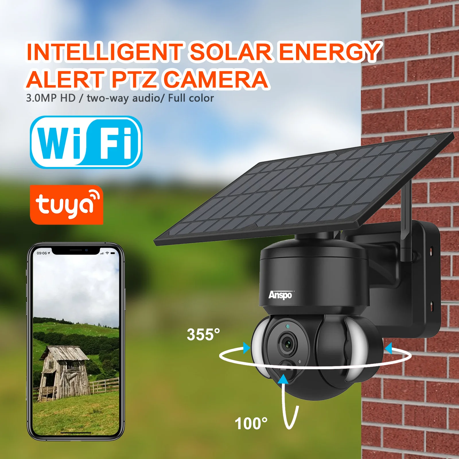 2MP 1080P Wireless Solar Camera Outdoor Weatherproof Wifi Security PTZ Camera PIR W/64G SD Card Black two-way-audio