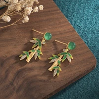 enamel craft china style vintage earrings cheongsam hanfu accessories natural chalcedony bamboo leaf earrings for women jewelry