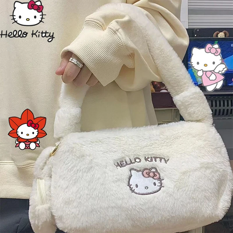 

2022 Hello Kitty Plush Doll Handbag Cartoon Hellokt Winter Soft Plushie Tote Bags Kawaii Kittys Shoulder Bag for Girls Gifts