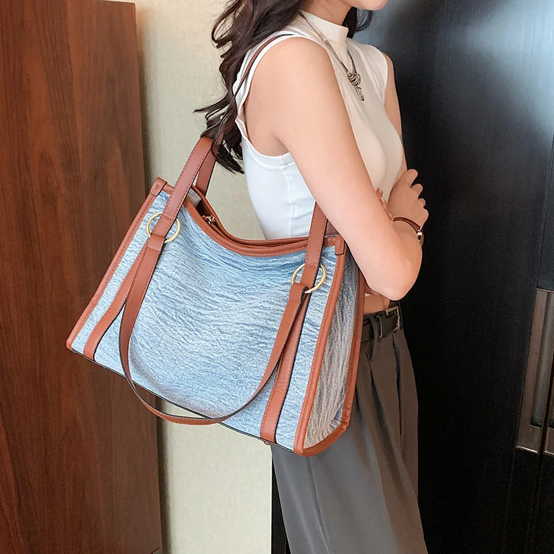 Commuter Simple Portable Tote Bag Casual Large Capacity Denim Single Shoulder Underarm Bags New Women's Fashion Shopping Storage
