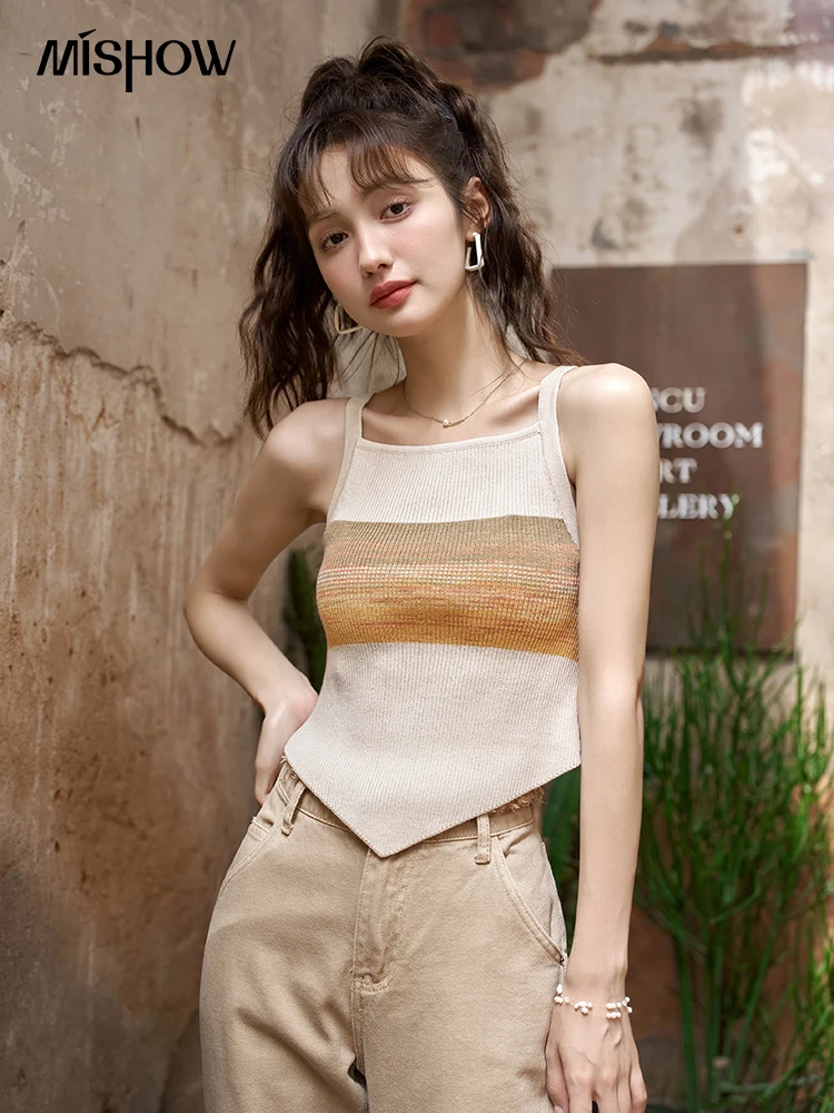 

MISHOW Colorful Gradient Stripe Knitted Strap Tank Summer 2023 Asymmetrical High Strecth Female Sleeveless Camisole MXC37Z0080