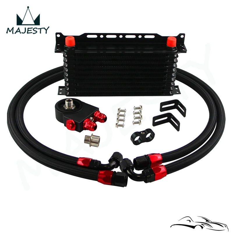 

Performance 10Row 10AN Oil Cooler with Hose, Bracket & Thermostatic Oil Filter Sandwich Plate 185 F 85 C