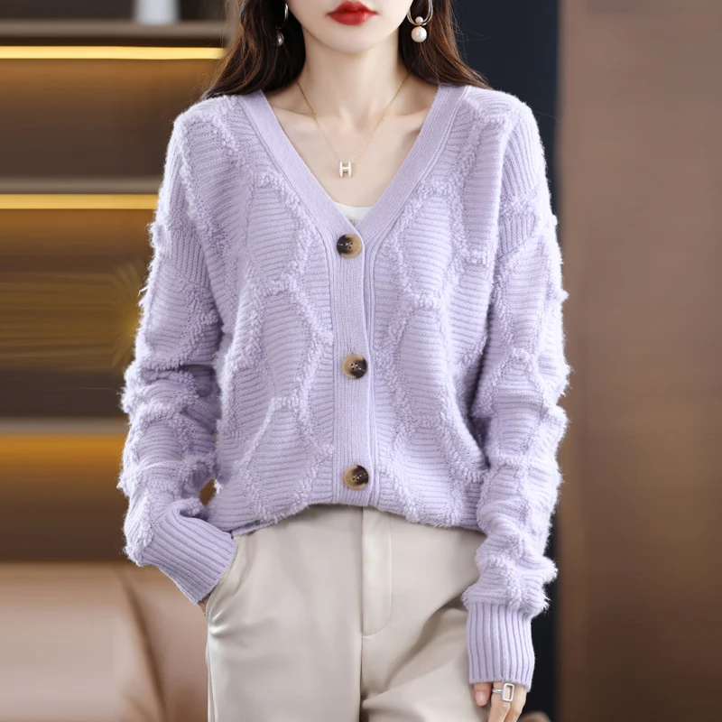 

ATTYYWS 22 New 100% Cashmere Wool Sweater Ladies Long Sleeve Solid Color Knit Casual Warm V-Neck Cardigan Wool Sweater home styl