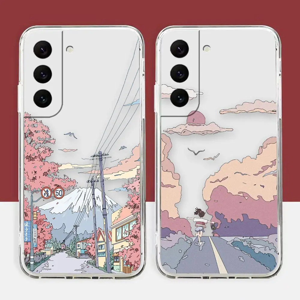 

Clear Phone Case For Samsung Galaxy S22 S21 S20 FE S10 NOTE 10 A12 A10 J7 PLUS ULTRA 5G Case Japan Hand Painted Street Scenery