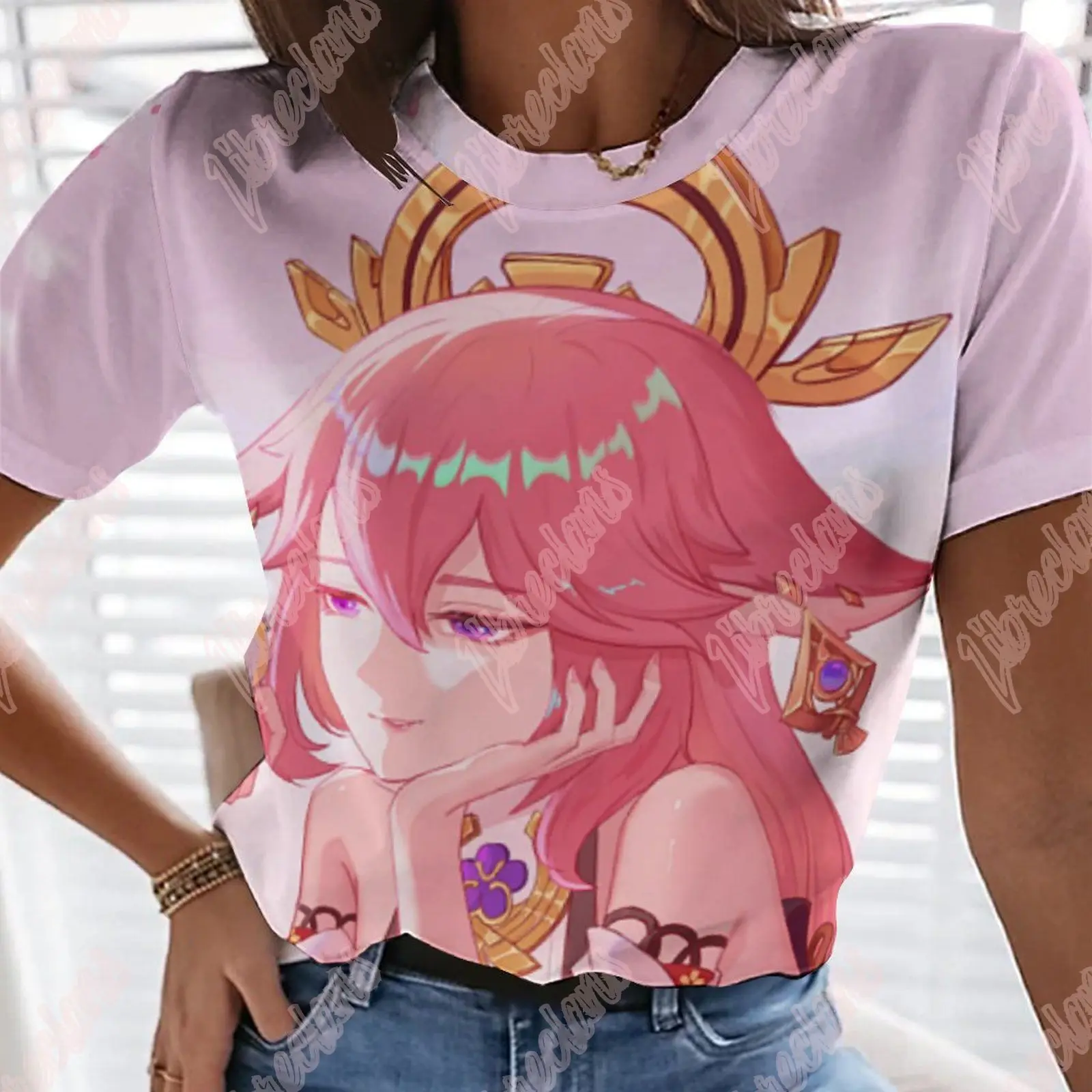 

Летняя футболка для косплея игры Yae Miko Genshin Impact с 3D принтом женская модель Харадзюку аниме кавайная Одежда для девочек и мальчиков