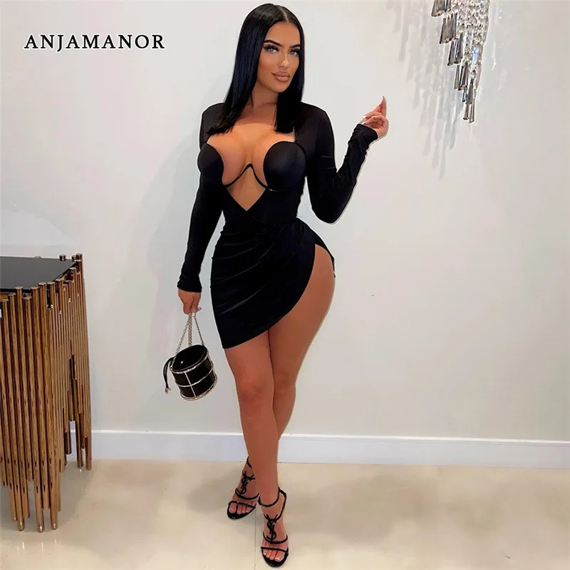 

ANJAMANOR Asymmetric Cut Out Corset Dress Black Sexy Clubwear Outfits Long Sleeve Bodycon Mini Dresses for Women 2023 D96-CG26