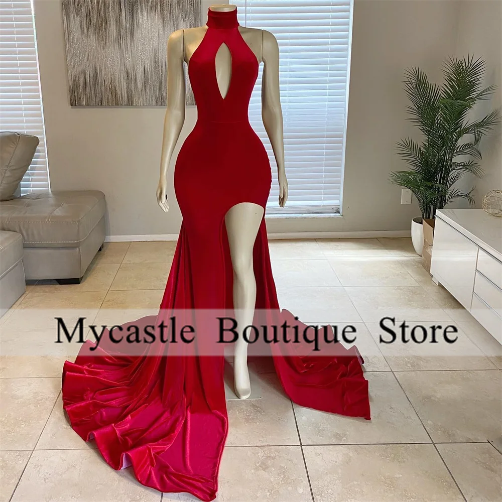 

Red Velvet Mermaid Prom Dresses 2023 For Black Girls Sexy High Slit Halter Birthday Party Gowns Formal Dress Robes De Soirée