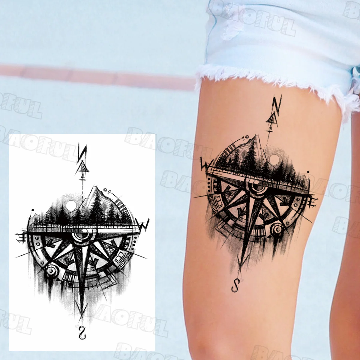 

Временные татуировки на бедро для женщин и мужчин, 3D компас, клоун, гангстер, крест, волк, искусственная татуировка, водонепроницаемые, полур...