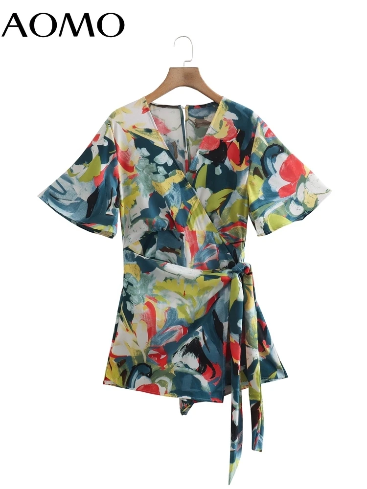 

AOMO Fashion Women Print Summer Playsuit with Slash Short Sleeve Female Beach Playsuit 8Y71A