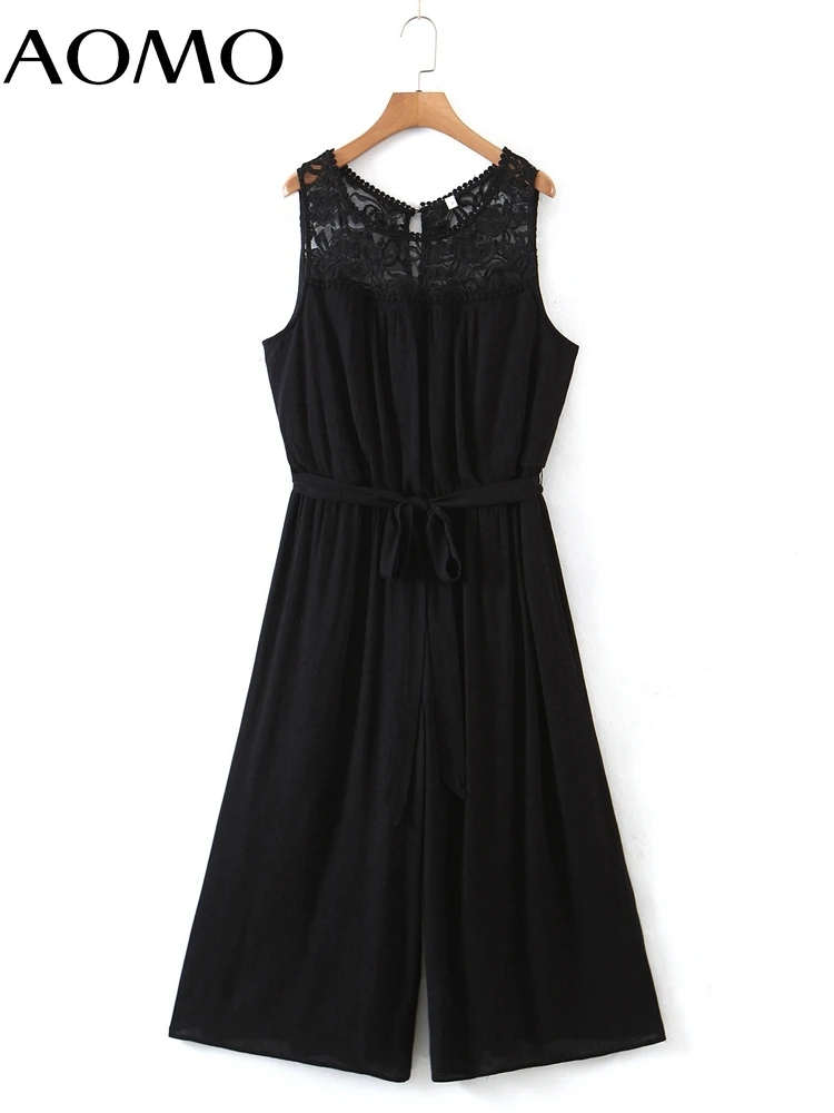 

AOMO Women Black Lace Patchwork Jumpsuit Sleeveless with Slash Waist Strap Female Casual Jumpsuit 8H93A