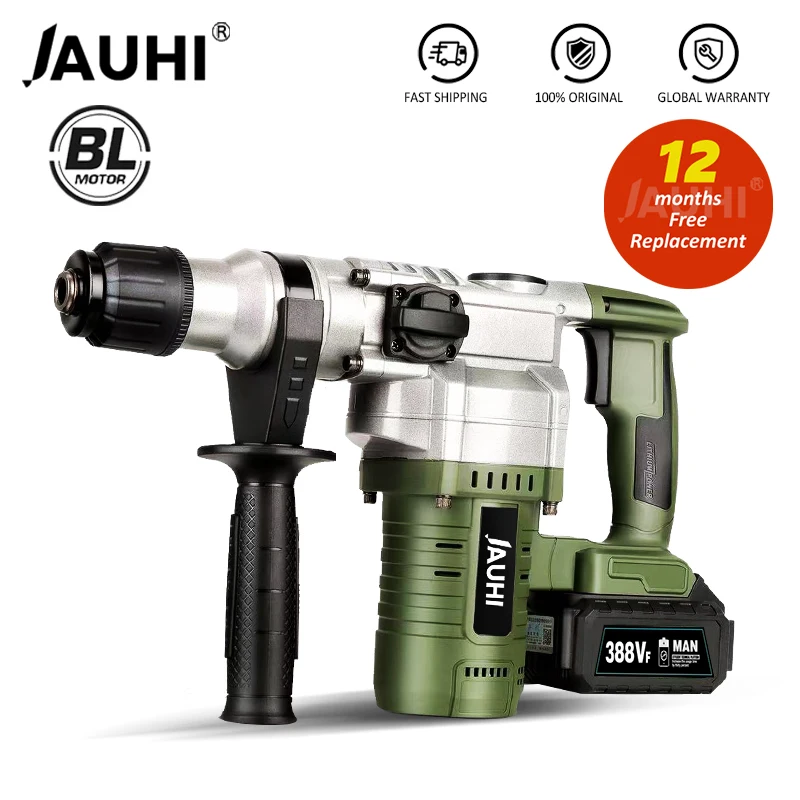 

JAUHI Brushless Hammer Drill 2000W Cordless Electric Hammer Rechargeable 28mm Perforator 21V Battery Power Repair Tools