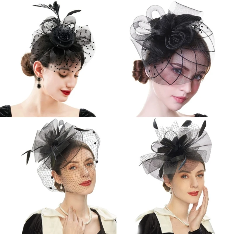 

Women Fascinator Headband Cocktail Headband Flower Fascinator Veil Mesh Feather Fascinator Headband Tea Party Fascinator