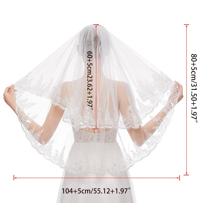 

Фата свадебная короткая из тюля, 2 уровня, с кружевной аппликацией и блестками, свадебный аксессуар для невесты, металлическая расческа