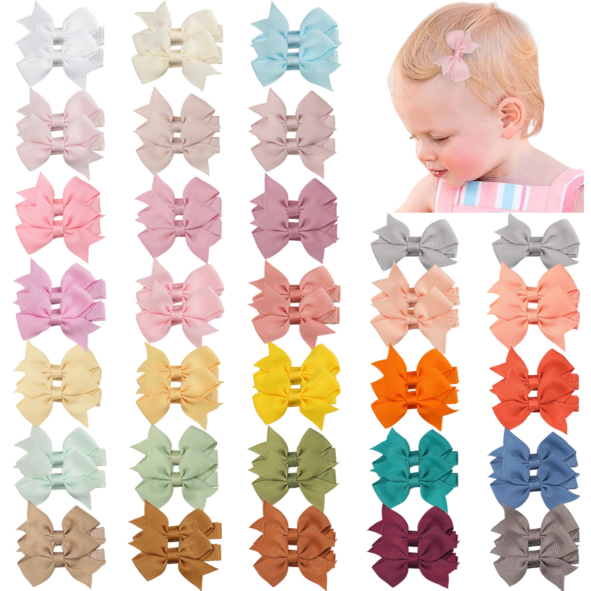 50/60/80/110Pieces in Pairs Baby Girls Fully Lined Hair Pins Tiny 2" Hair Bows Alligator Clips for Little Girls Infants Toddler
