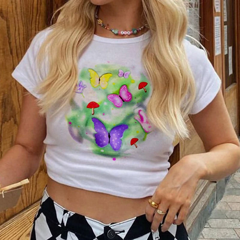 

Summer Fashion Slim Sexy Cute Print Butterfly Short Sleeve O-neck Tee Shirt Casual Skinny T-Shirts Women Girl Cropped Top White