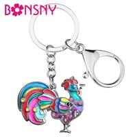 bonsny enamel alloy metal long tail chicken rooster keychains animals key chain ring fashion jewelry for women girls charms gift