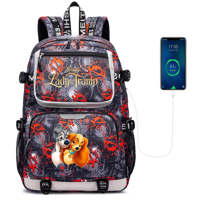 Fashion Disney Lady and the Tramp Backpack Anime USB Large Capacity Teenagers Schoolbags Women Men Laptop Travel Bags Mochila